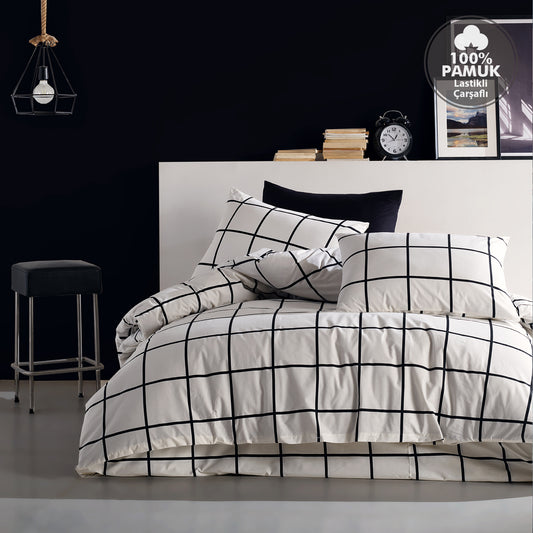 Karo Siyah %100 Pamuk Battal Boy Lastikli Çarşaflı Nevresim Takımı