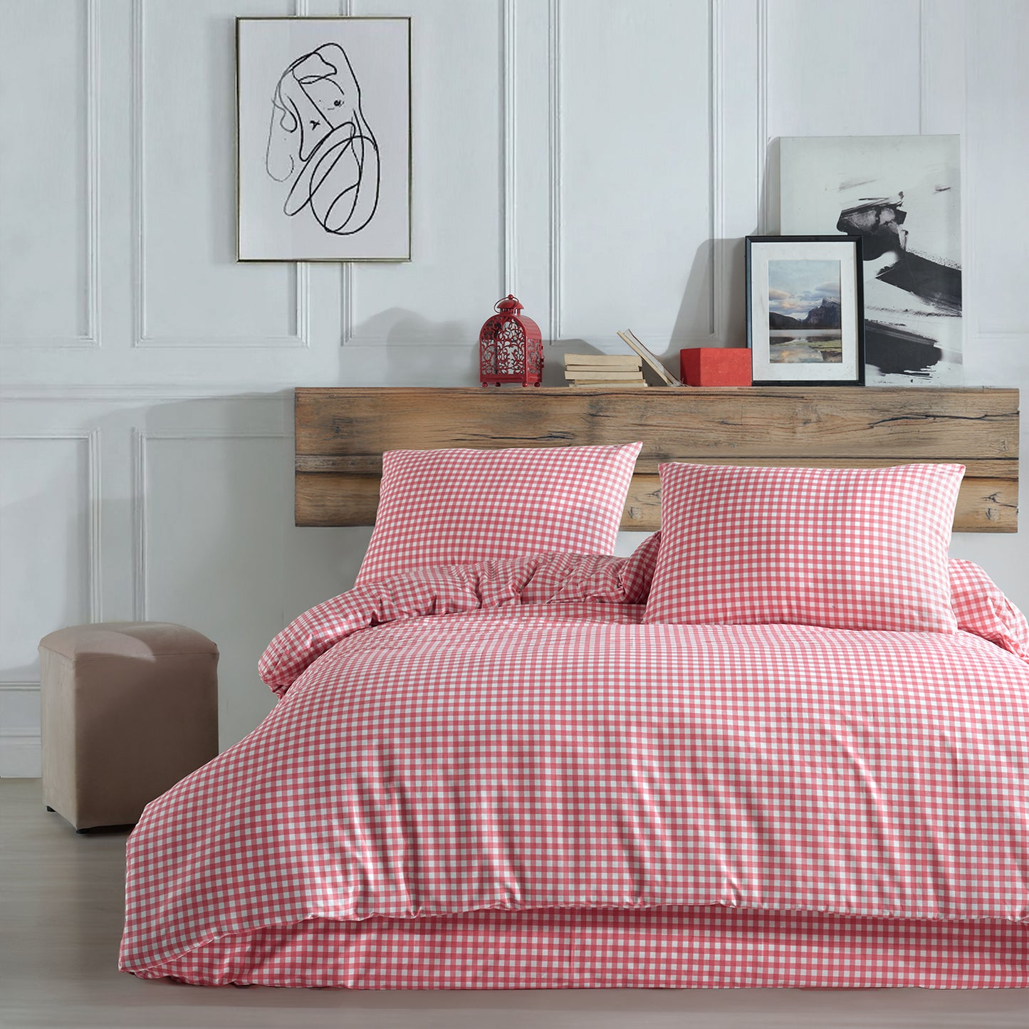 Mini Kare Pembe %100 Pamuk Ranforce Çift Kişilik Nevresim Takımı