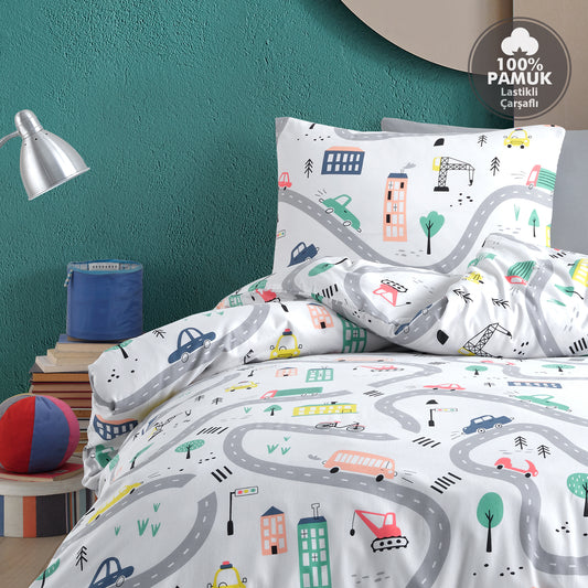 Route %100 Pamuk Tek Kişilik Lastikli Çarşaflı Nevresim Takımı