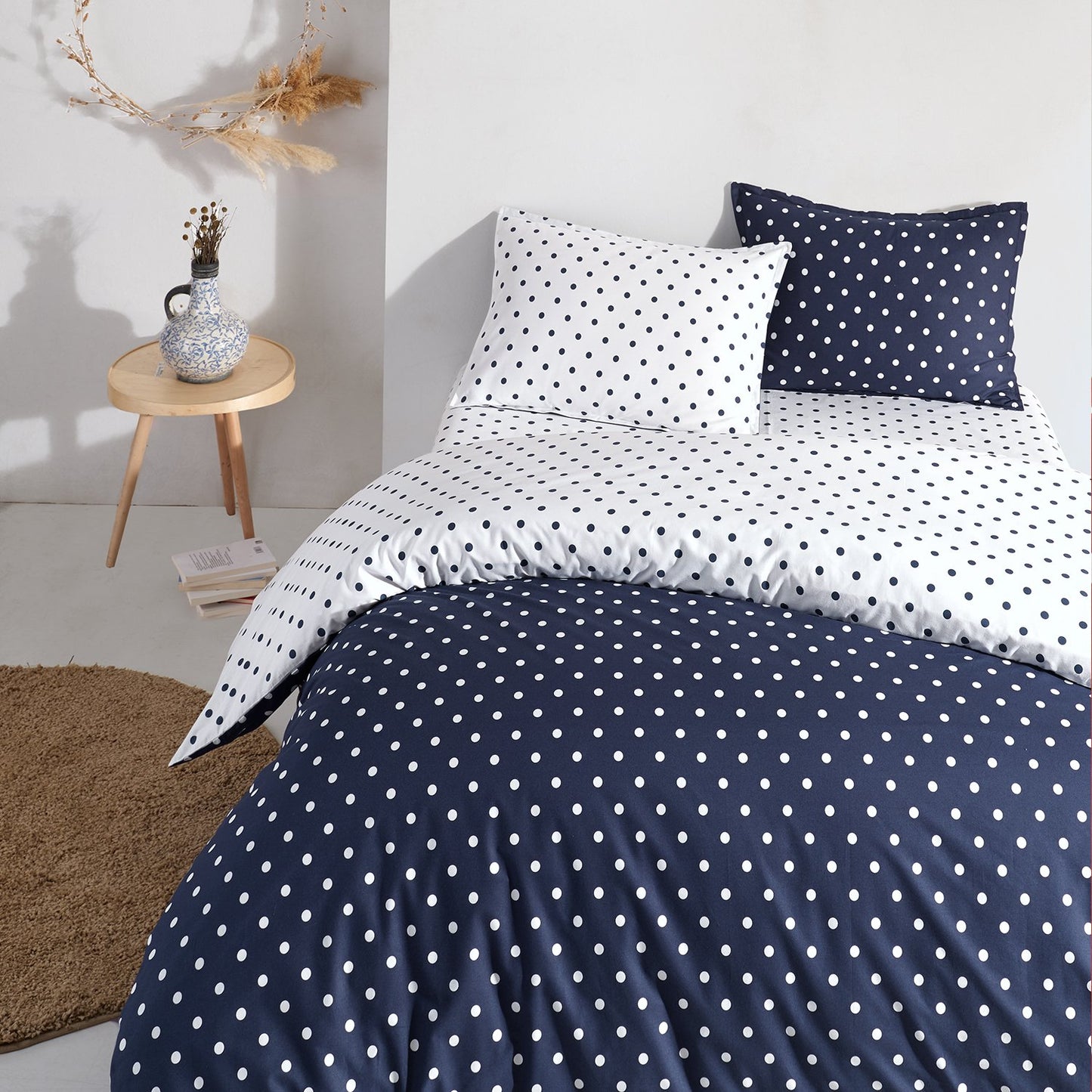 Dots Mavi %100 Pamuk Ranforce Battal Boy Çift Taraflı Nevresim Takımı