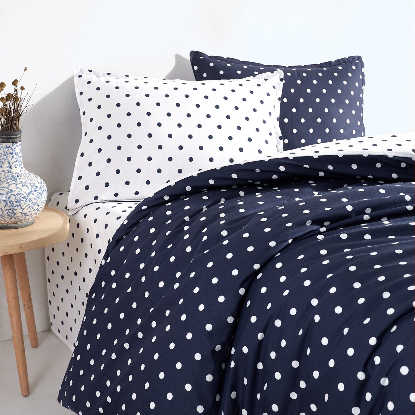 Dots Mavi %100 Pamuk Ranforce Battal Boy Çift Taraflı Nevresim Takımı