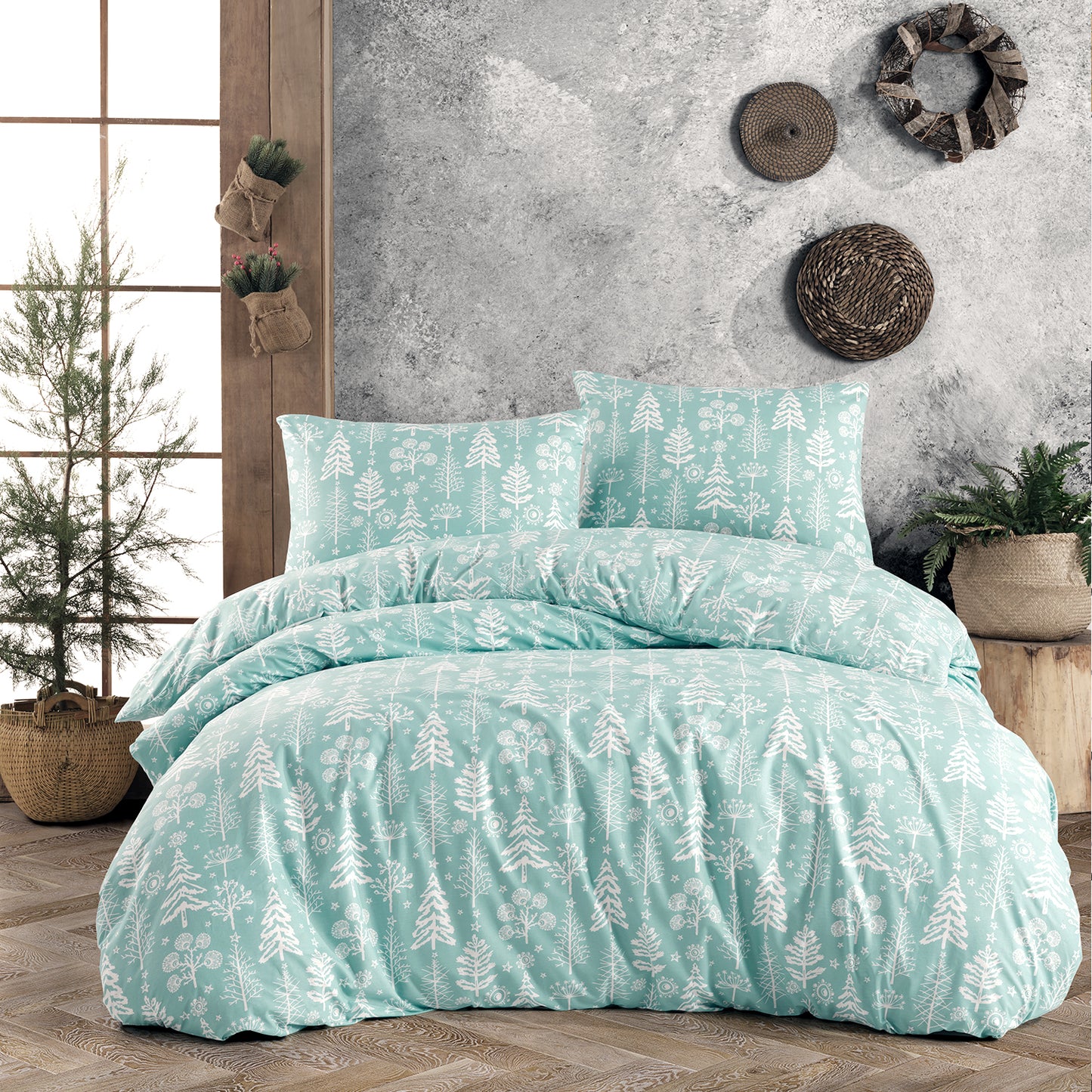 Xmas Trees Sky %100 Pamuk Ranforce Çift Kişilik Nevresim ve 2 Yastık Kılıfı