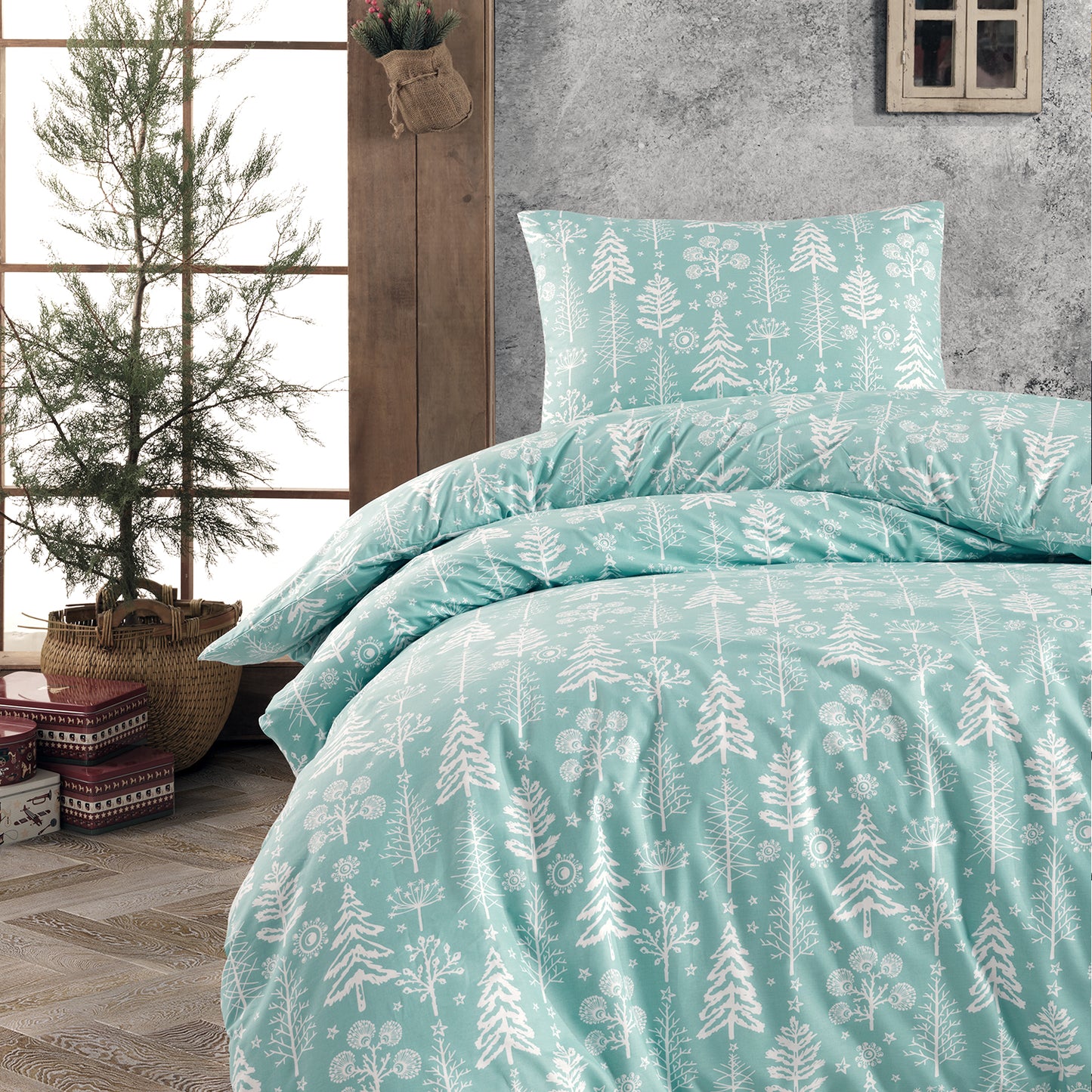 Xmas Trees Sky %100 Pamuk Ranforce Çift Kişilik Nevresim ve 2 Yastık Kılıfı